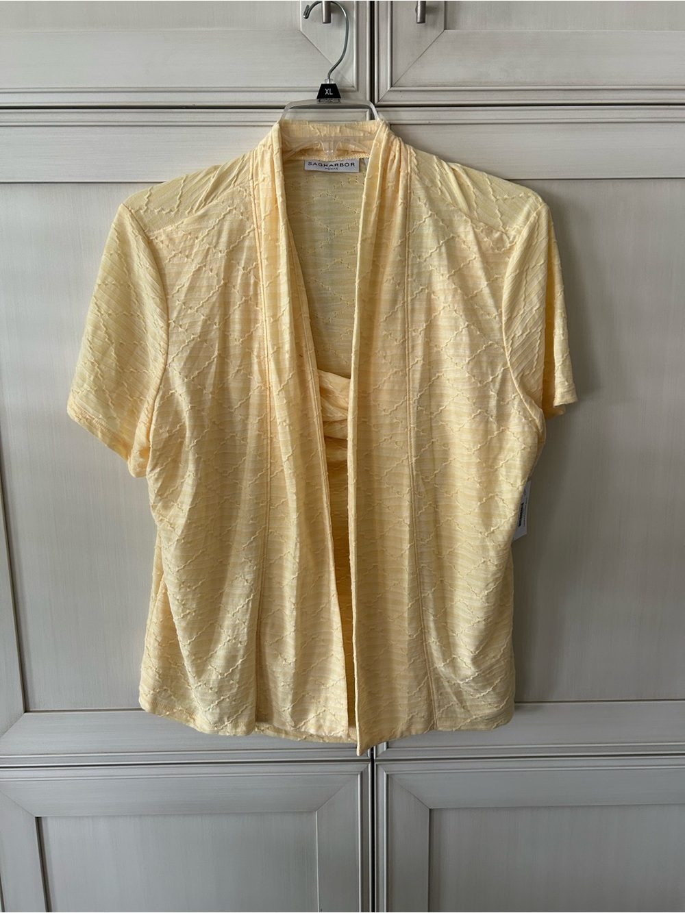 Sag Harbor Pale Yellow Open-Front Short Sleeve Cardigan With Attached Tank